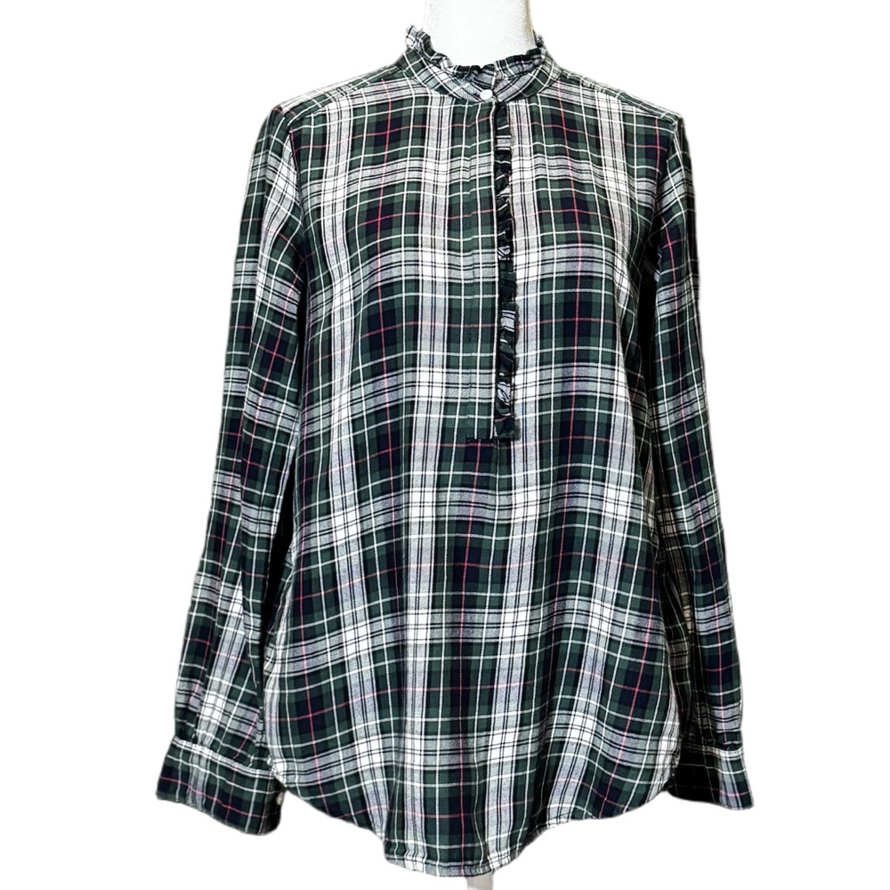 Loft Plaid Ruffle Utility Henley Blouse - Picture 2 of 4